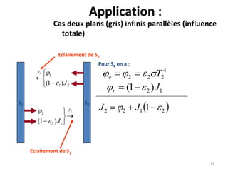 Application :
Cas deux plans (gris) infinis parallèles (influence
totale)
22
S2 S1





21
1
)1(
1
J
J


2
12
2
)1(
J
J






Pour S2 on a :
4
222 Te  
12 )1( Jr  
Eclairement de S2
Eclairement de S1
 2122 1   JJ
 