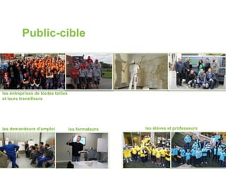Public-cible 
les entreprises de toutes tailles 
et leurs travailleurs 
les demandeurs d’emploi les formateurs les élèves et professeurs 
 