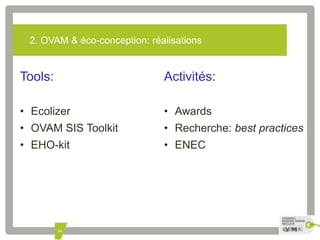 2. OVAM & éco-conception: réalisations 
34 
Tools: 
• Ecolizer 
• OVAM SIS Toolkit 
• EHO-kit 
Activités: 
• Awards 
• Recherche: best practices 
• ENEC 
 