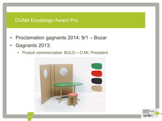 OVAM Ecodesign Award Pro 
• Proclamation gagnants 2014: 9/1 – Bozar 
• Gagnants 2013: 
• Produit commercialisé: BULO – O Mr. President 
41 
 