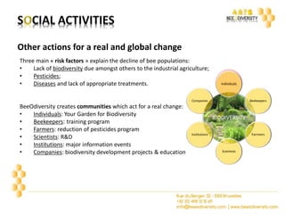 Other actions for a real and global change 
Three main « risk factors » explain the decline of bee populations: 
• Lack of biodiversity due amongst others to the industrial agriculture; 
• Pesticides; 
• Diseases and lack of appropriate treatments. 
BeeOdiversity creates communities which act for a real change: 
• Individuals: Your Garden for Biodiversity 
• Beekeepers: training program 
• Farmers: reduction of pesticides program 
• Scientists: R&D 
• Institutions: major information events 
• Companies: biodiversity development projects & education 
Individuals 
BIODIVERSITY 
Beekeepers 
Farrmers 
Scientists 
Companies 
Institutions 
 