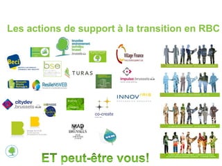 Les actions de support à la transition en RBC 
9 
Brussels 
Greenbizz 
ALLIANCE EMPLOI-ENVIRONNEMENT- ALIMENTATION DURABLE 
Transition vers un système alimentaire durable en 
ALLIANTIE WERKGELEGENHEID-LEEFMILIEU – DUURZAME VOEDIND 
Région de Bruxelles Capitale 
 