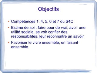 Objectifs
●
●

●

Compétences 1, 4, 5, 6 et 7 du S4C
Estime de soi : faire pour de vrai, avoir une
utilité sociale, se voir confier des
responsabilités, leur reconnaître un savoir
Favoriser le vivre ensemble, en faisant
ensemble

 