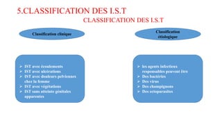 5.CLASSIFICATION DES I.S.T
CLASSIFICATION DES I.S.T
Classification clinique
Classification
étiologique
 IST avec écouleme...