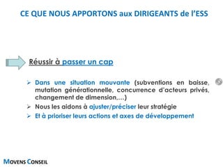 MOVENS CONSEIL
Réussir à passer un cap
 Dans une situation mouvante (subventions en baisse,
mutation générationnelle, concurrence d’acteurs privés,
changement de dimension,…)
 Nous les aidons à ajuster/préciser leur stratégie
 Et à prioriser leurs actions et axes de développement
CE QUE NOUS APPORTONS aux DIRIGEANTS de l’ESS
9
 