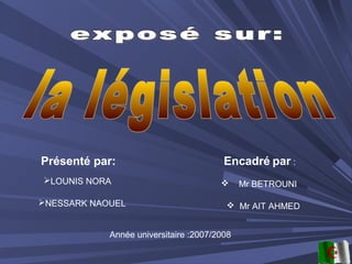 Présenté par:
LOUNIS NORA
NESSARK NAOUEL
Encadré par :
 Mr BETROUNI
 Mr AIT AHMED
Année universitaire :2007/2008
 