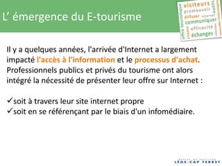 L’ émergence du E-tourisme

Il y a quelques années, l'arrivée d'Internet a largement
impacté l'accès à l'information et le processus d'achat.
Professionnels publics et privés du tourisme ont alors
intégré la nécessité de présenter leur offre sur Internet :

soit à travers leur site internet propre
soit en se référençant par le biais d'un infomédiaire.
 