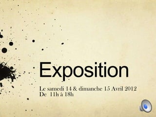 Exposition
Le samedi 14 & dimanche 15 Avril 2012
De 11h à 18h
 