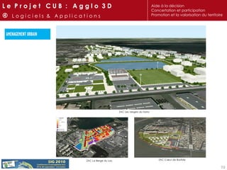 ZAC La Berge du Lac ZAC Cœur de Bastide ZAC Les vergers du tasta L e  P r o j e t  C U B  :  A g g l o  3 D    L o g i c i e l s  &  A p p l i c a t i o n s Aide à la décision Concertation et participation Promotion et la valorisation du territoire 