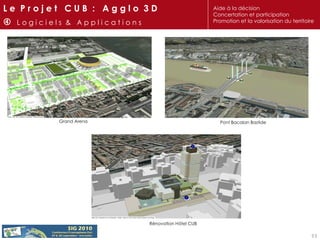 Pont Bacalan Bastide Grand Arena Rénovation Hôtel CUB L e  P r o j e t  C U B  :  A g g l o  3 D    L o g i c i e l s  &  A p p l i c a t i o n s Aide à la décision Concertation et participation Promotion et la valorisation du territoire 