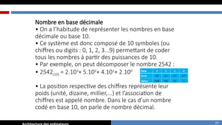 Nombre en base décimale
• On a l’habitude de représenter les nombres en base
décimale ou base 10.
• Ce système est donc composé de 10 symboles (ou
chiffres ou digits : 0, 1, 2, 3...9) permettant de coder
tous les nombres à partir des puissances de 10.
• Par exemple, on peut décomposer le nombre 2542 :
• 2542(10) = 2.103
+ 5.102
+ 4.101
+ 2.100
• La position respective des chiffres représente leur
poids (unité, dizaine, millier,...) et l’association de
chiffres est appelé nombre. Dans le cas d’un nombre
codé en base 10, on parle de nombre décimal.
11
 