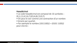 Hexadécimal
• Le code hexadécimal est composé de 16 symboles :
{0,1,2,3,4,5,6,7,8,9,A,B,C,D,E,F}.
• On peut le voir comme une contraction d’un nombre
• binaire par quartet.
• Par exemple le nombre (1011100)2 = (0101 1100)2
peut s’écrire :
17
 
