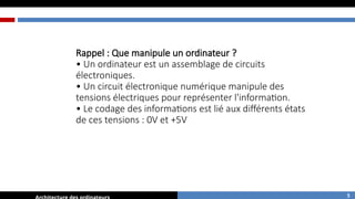 Rappel : Que manipule un ordinateur ?
• Un ordinateur est un assemblage de circuits
électroniques.
• Un circuit électronique numérique manipule des
tensions électriques pour représenter l'information.
• Le codage des informations est lié aux différents états
de ces tensions : 0V et +5V
5
 