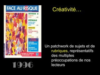 Créativité…

1996

Un patchwork de sujets et de
rubriques, représentatifs
des multiples
préoccupations de nos
lecteurs

 
