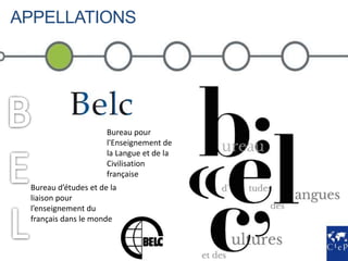 APPELLATIONS
Bureau d’études et de la
liaison pour
l’enseignement du
français dans le monde
Bureau pour
l'Enseignement de
la Langue et de la
Civilisation
française
 