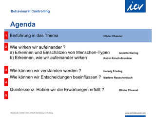 Behavioural Controlling



    Agenda
1   Einführung in das Thema                                                     Olivier Chesnel



2   Wie wirken wir aufeinander ?
    a) Erkennen und Einschätzen von Menschen-Typen          Annette Siering

    b) Erkennen, wie wir aufeinander wirken    Katrin Kirsch-Brunkow



3   Wie können wir verstanden werden ?                                          Herwig Friedag

    Wie können wir Entscheidungen beeinflussen ?                                Marlene Rauschenbach
4

    Quintessenz: Haben wir die Erwartungen erfüllt ?                                        Olivier Chesnel

5




    Internationaler Controller Verein | AK Berlin-Brandenburg | 51.AK-Sitzung
 