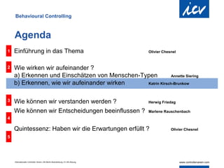 Behavioural Controlling



    Agenda
1   Einführung in das Thema                                                     Olivier Chesnel



2   Wie wirken wir aufeinander ?
    a) Erkennen und Einschätzen von Menschen-Typen          Annette Siering

    b) Erkennen, wie wir aufeinander wirken    Katrin Kirsch-Brunkow



3   Wie können wir verstanden werden ?                                          Herwig Friedag

    Wie können wir Entscheidungen beeinflussen ?                                Marlene Rauschenbach
4

    Quintessenz: Haben wir die Erwartungen erfüllt ?                                        Olivier Chesnel

5




    Internationaler Controller Verein | AK Berlin-Brandenburg | 51.AK-Sitzung
 