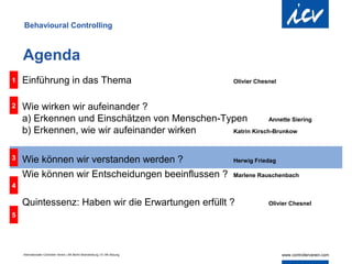 Behavioural Controlling



    Agenda
1   Einführung in das Thema                                                     Olivier Chesnel



2   Wie wirken wir aufeinander ?
    a) Erkennen und Einschätzen von Menschen-Typen          Annette Siering

    b) Erkennen, wie wir aufeinander wirken    Katrin Kirsch-Brunkow



3   Wie können wir verstanden werden ?                                          Herwig Friedag

    Wie können wir Entscheidungen beeinflussen ?                                Marlene Rauschenbach
4

    Quintessenz: Haben wir die Erwartungen erfüllt ?                                        Olivier Chesnel

5




    Internationaler Controller Verein | AK Berlin-Brandenburg | 51.AK-Sitzung
 