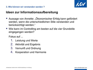 3. Wie können wir verstanden werden ?

Ideen zur Informationsaufbereitung

 Aussage von Annette: „Ökonomischer Erfolg kann gefördert
  werden, wenn die unterschiedlichen Stile verstanden und
  berücksichtigt werden.“
 Wie kann im Controlling am besten auf die vier Grundstile
  eingegangen werden?
       Fokus auf ...
        1. Leistung und Werte
        2. Aktivität und Ergebnis
        3. Vernunft und Ordnung
        4. Kooperation und Harmonie



Internationaler Controller Verein | AK Berlin-Brandenburg | 51.AK-Sitzung
 