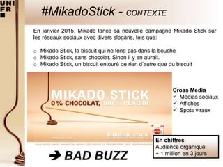 #MikadoStick - CONTEXTE
En janvier 2015, Mikado lance sa nouvelle campagne Mikado Stick sur
les réseaux sociaux avec divers slogans, tels que:
o Mikado Stick, le biscuit qui ne fond pas dans la bouche
o Mikado Stick, sans chocolat. Sinon il y en aurait.
o Mikado Stick, un biscuit entouré de rien d’autre que du biscuit
 BAD BUZZ
En chiffres:
Audience organique:
+ 1 million en 3 jours
Cross Media
 Médias sociaux
 Affiches
 Spots viraux
 