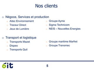 55
Nos clients
o Négoce, Services et production
o Aitec Environnement
o Traceur Direct
o Jeux de Lumière
o Transport et logistique
o Transports Mazet
o Dispeo
o Transports Quil
o Groupe Ayme
o Sigma Technicom
o NEIS – Nouvelles Energies
o Groupe maritime Marfret
o Groupe Transmec
 