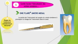 La pointe de l’instrument est souple et a moins tendance à
provoquer le vissage de l’instrument dans le canal
Étapes du
traitement
endodontique
mécanisé
Cavité d’accès+ Relocalisation des
entrées canalaires (3)
5
ONE FLARE®
(MICRO MEGA)
 