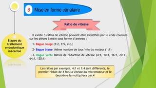 Étapes du
traitement
endodontique
mécanisé
Mise en forme canalaire
8
Ratio de vitesse
Il existe 3 ratios de vitesse pouvant être identifiés par le code couleurs
sur les pièces à main sous forme d’anneau :
1- Bague rouge (1:2, 1:5, etc.)
2- Bague bleue Même nombre de tour/min du moteur (1:1)
3- Bague verte Ratios de réduction de vitesse (4:1, 10:1, 16:1, 20:1 ,
64:1, 120:1)
Les ratios par exemple, 4:1 et 1:4 sont différents, le
premier réduit de 4 fois la vitesse du micromoteur et le
deuxième la multipliera par 4
 