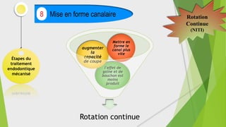 Rotation continue
l'effet de
gaine et de
bouchon est
moins
produit
augmenter
la
capacité
de coupe
Mettre en
forme le
canal plus
vite
Étapes du
traitement
endodontique
mécanisé
Mise en forme canalaire
8 Rotation
Continue
(NITI)
 