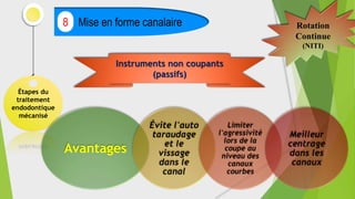 Étapes du
traitement
endodontique
mécanisé
Mise en forme canalaire
8 Rotation
Continue
(NITI)
Instruments non coupants
(passifs)
Avantages
Évite l'auto
taraudage
et le
vissage
dans le
canal
Limiter
l'agressivité
lors de la
coupe au
niveau des
canaux
courbes
Meilleur
centrage
dans les
canaux
 