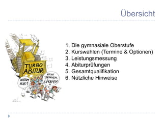Übersicht


1. Die gymnasiale Oberstufe
2. Kurswahlen (Termine & Optionen)
3. Leistungsmessung
4. Abiturprüfungen
5. Gesamtqualifikation
6. Nützliche Hinweise
 