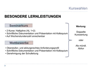Kurswahlen

BESONDERE LERNLEISTUNGEN

   Seminarkurs                                                     Wertung:
• 2 Kurse: Halbjahre (Hj. 1+2)
                                                                   Doppelte
• Schriftliche Dokumentation und Präsentation mit Kolloquium
                                                                  Kurswertung
• Auf Wochenstundenzahl anrechenbar
                                                                     oder
    Wettbewerbe
                                                                  Als mündl.
• Oberstufen- und abiturgerechtes Anforderungsprofil                Abitur
• Schriftliche Dokumentation und Präsentation mit Kolloquium
• Genehmigung der Schulleitung
 