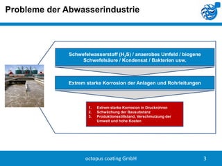 Probleme der Abwasserindustrie

Schwefelwasserstoff (H2S) / anaerobes Umfeld / biogene
Schwefelsäure / Kondensat / Bakterien usw.

Extrem starke Korrosion der Anlagen und Rohrleitungen

1.
2.
3.

Extrem starke Korrosion in Druckrohren
Schwächung der Bausubstanz
Produktionsstillstand, Verschmutzung der
Umwelt und hohe Kosten

octopus coating GmbH

3

 