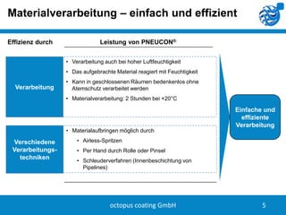 Materialverarbeitung – einfach und effizient
Effizienz durch

Leistung von PNEUCON®
• Verarbeitung auch bei hoher Luftfeuchtigkeit
• Das aufgebrachte Material reagiert mit Feuchtigkeit

Verarbeitung

• Kann in geschlossenen Räumen bedenkenlos ohne
Atemschutz verarbeitet werden
• Materialverarbeitung: 2 Stunden bei +20°C

• Materialaufbringen möglich durch

Verschiedene
Verarbeitungstechniken

Einfache und
effiziente
Verarbeitung

• Airless-Spritzen
• Per Hand durch Rolle oder Pinsel
• Schleuderverfahren (Innenbeschichtung von
Pipelines)

octopus coating GmbH

5

 