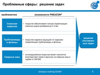 Проблемные сферы: решение задач
проблематика

Сквозная
коррозия

возможности PNEUCON®

• покрытие обеспечивает полную герметизацию
сквозных дырок размером до ≤ 3 мм

Трубопроводы
и фланцы

• покрытие надежно защищает от коррозии
соединяющие трубопроводы и фланцы

Сварные швы

решение
поставленных задач

• антикоррозийное покрытие может наносится
впоследствии также и вручную на сварные швы в
трубах от DN 600

octopus coating GmbH

6

 
