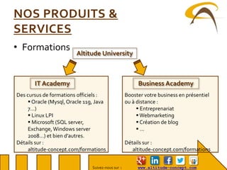 Suivez-nous sur : www.altitude-concept.com
NOS PRODUITS &
SERVICES
• Formations
Altitude University
IT Academy Business Academy
Des cursus de formations officiels :
 Oracle (Mysql,Oracle 11g, Java
7…)
 Linux LPI
 Microsoft (SQL server,
Exchange,Windows server
2008…) et bien d’autres.
Détails sur :
altitude-concept.com/formations
Booster votre business en présentiel
ou à distance :
 Entreprenariat
Webmarketing
 Création de blog
 …
Détails sur :
altitude-concept.com/formations
 