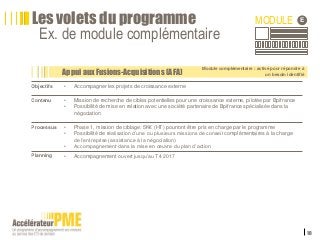 10
Appui aux Fusions-Acquisitions (AFA)
MODULE E
Objectifs • Accompagner les projets de croissance externe
Contenu • Mission de recherche de cibles potentielles pour une croissance externe, pilotée par Bpifrance
• Possibilité de mise en relation avec une société partenaire de Bpifrance spécialisée dans la
négociation
Processus • Phase 1, mission de ciblage: 5K€ (HT) pourront être pris en charge par le programme
• Possibilité de réalisation d’une ou plusieurs missions de conseil complémentaires à la charge
de l’entreprise (assistance à la négociation)
• Accompagnement dans la mise en œuvre du plan d’action
Planning • Accompagnement ouvert jusqu’au T4 2017
Les volets du programme
Ex. de module complémentaire
Module complémentaire : activé pour répondre à
un besoin identifié
 