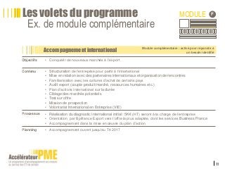 11
Accompagnement international
MODULE F
Objectifs • Conquérir de nouveaux marchés à l’export
Contenu • Structuration de l’entreprise pour partir à l’international
• Mise en relation avec des partenaires internationaux et organisation de rencontres
• Familiarisation avec les cultures d’achat de certains pays
• Audit export (couple produit/marché, ressources humaines etc.)
• Plan d’actions international sur la durée
• Ciblage des marchés potentiels
• Test sur offre
• Mission de prospection
• Volontariat International en Entreprise (VIE)
Processus • Réalisation du diagnostic international initial : 5K€ (HT) seront à la charge de l’entreprise
• Orientation par Bpifrance Export vers l’offre la plus adaptée, dont les services Business France
• Accompagnement dans la mise en œuvre du plan d’action
Planning • Accompagnement ouvert jusqu’au T4 2017
Les volets du programme
Ex. de module complémentaire
Module complémentaire : activé pour répondre à
un besoin identifié
 