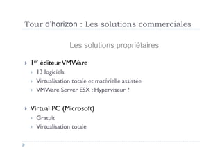 Tour d’horizon : Les solutions commerciales

                    Les solutions propriétaires

  1er   éditeur VMWare
      13 logiciels
      Virtualisation totale et matérielle assistée
      VMWare Server ESX : Hyperviseur ?

  Virtual   PC (Microsoft)
      Gratuit
      Virtualisation totale
 