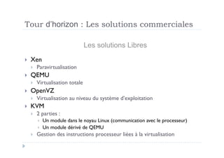 Tour d’horizon : Les solutions commerciales

                                  Les solutions Libres
    Xen
         Paravirtualisation
    QEMU
         Virtualisation totale
    OpenVZ
         Virtualisation au niveau du système d’exploitation
    KVM
         2 parties :
              Un module dans le noyau Linux (communication avec le processeur)
              Un module dérivé de QEMU
         Gestion des instructions processeur liées à la virtualisation
 