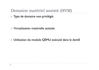 Domaine matériel assisté (HVM)
  Type   de domaine non privilégié


  Virtualisation   matérielle assistée


  Utilisation   du module QEMU exécuté dans le dom0
 