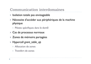 Communication interdomaines
  Isolation   totale pas envisageable
  Nécessite    d’accéder aux périphériques de la machine
  physique
      Pilotes spécifiques dans le dom0
  Cas   de processus normaux
  Zones    de mémoire partagées
  Hypercall    grant_table_op
      Allocation de zones
      Transfert de zones
 