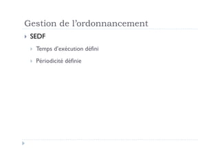 Gestion de l’ordonnancement
  SEDF

     Temps d’exécution défini
     Périodicité définie
 