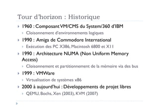 Tour d’horizon : Historique
  1960   : Composant VM/CMS du System/360 d’IBM
      Cloisonnement d’environnements logiques
  1990   : Amiga de Commodore International
      Exécution des PC X386, Macintosh 6800 et X11
  1990: Architecture NUMA (Non Uniform Memory
  Access)
      Cloisonnement et partitionnement de la mémoire via des bus
  1999   : VMWare
      Virtualisation de systèmes x86
  2000   à aujourd’hui : Développements de projet libres
      QEMU, Bochs, Xen (2003), KVM (2007)
 
