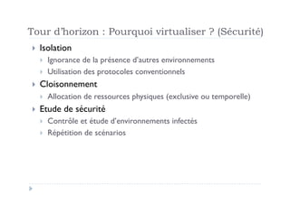 Tour d’horizon : Pourquoi virtualiser ? (Sécurité)
  Isolation
      Ignorance de la présence d’autres environnements
      Utilisation des protocoles conventionnels
  Cloisonnement
      Allocation de ressources physiques (exclusive ou temporelle)
  Etude   de sécurité
      Contrôle et étude d’environnements infectés
      Répétition de scénarios
 