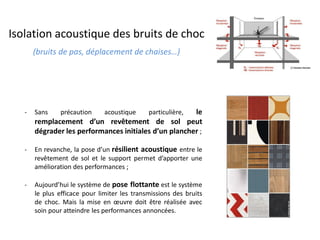 Isolation acoustique des bruits de choc
(bruits de pas, déplacement de chaises…)
- Sans précaution acoustique particulière, le
remplacement d’un revêtement de sol peut
dégrader les performances initiales d’un plancher ;
- En revanche, la pose d’un résilient acoustique entre le
revêtement de sol et le support permet d’apporter une
amélioration des performances ;
- Aujourd’hui le système de pose flottante est le système
le plus efficace pour limiter les transmissions des bruits
de choc. Mais la mise en œuvre doit être réalisée avec
soin pour atteindre les performances annoncées.
 