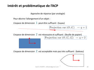 Said EL KHATRI : elkhatri@gmail.com 28
Approche de réponse (par analogie)
Pour décrire l’allongement d’un objet :
L’espace de dimension 1 peut être suffisant : (tuyau)
L’espace de dimension 2 est nécessaire et suffisant : (feuille de papier)
L’espace de dimension 2 est acceptable mais pas très suffisant : (bateau)
Intérêt et problématique de l’ACP
 
