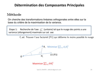 Said EL KHATRI : elkhatri@gmail.com 34
Détermination des Composantes Principales
On cherche des transformations linéaires orthogonales entre elles sur la
base du critère de la maximisation de la variance.
Etape 1: Recherche de l'axe (unitaire) tel que le nuage des points a une
variance (allongement) maximale sur cet axe
O
Ai
u1 (F1)
Hi
C.ad. Trouver l'axe factoriel (F1) qui déforme le moins possible le nuage
Maximiser σ𝑖=1
𝑛
𝑂𝐻𝑖
2
Minimiser σ𝑖=1
𝑛
𝐴𝑖𝐻𝑖
2
 