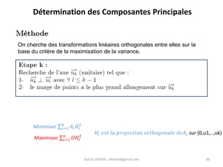 Said EL KHATRI : elkhatri@gmail.com 36
Détermination des Composantes Principales
On cherche des transformations linéaires orthogonales entre elles sur la
base du critère de la maximisation de la variance.
Minimiser σ𝑖=1
𝑛
𝐴𝑖𝐻𝑖
2
Maximiser σ𝑖=1
𝑛
𝑂𝐻𝑖
2
𝐻𝑖 𝑒𝑠𝑡 𝑙𝑎 𝑝𝑟𝑜𝑗𝑒𝑐𝑡𝑖𝑜𝑛 𝑜𝑟𝑡ℎ𝑜𝑔𝑜𝑛𝑎𝑙𝑒 𝑑𝑒𝐴𝑖 sur (0,u1,..,uk)
 
