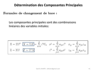 Said EL KHATRI : elkhatri@gmail.com 41
Détermination des Composantes Principales
Les composantes principales sont des combinaisons
linéaires des variables initiales:
 