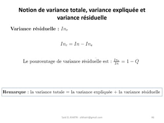 Said EL KHATRI : elkhatri@gmail.com 46
Notion de variance totale, variance expliquée et
variance résiduelle
 